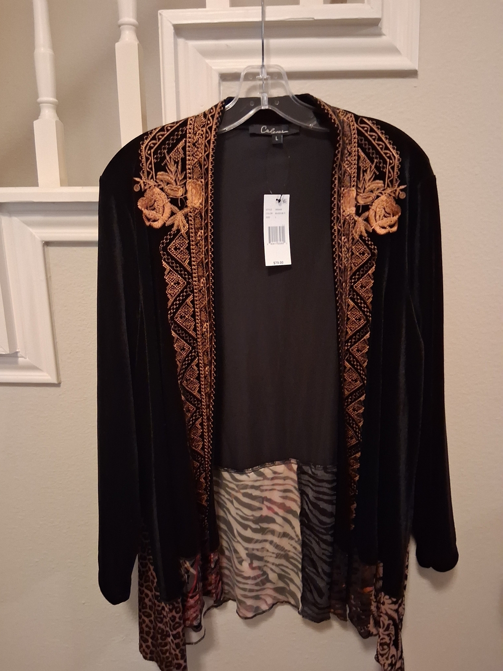 Calessa Black Velvet Open Cardigan with Gold Embroidered Trim